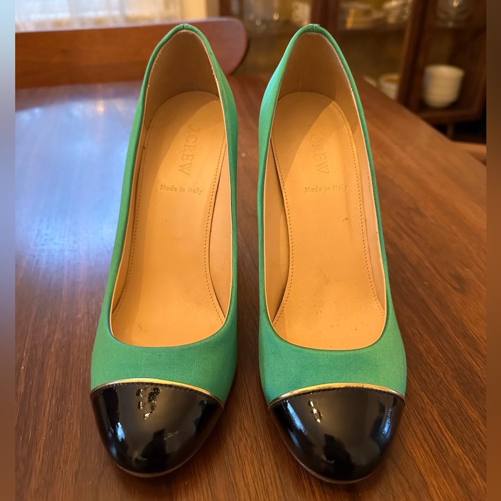 Green, black, and gold J Crew satin heels. Size 8.